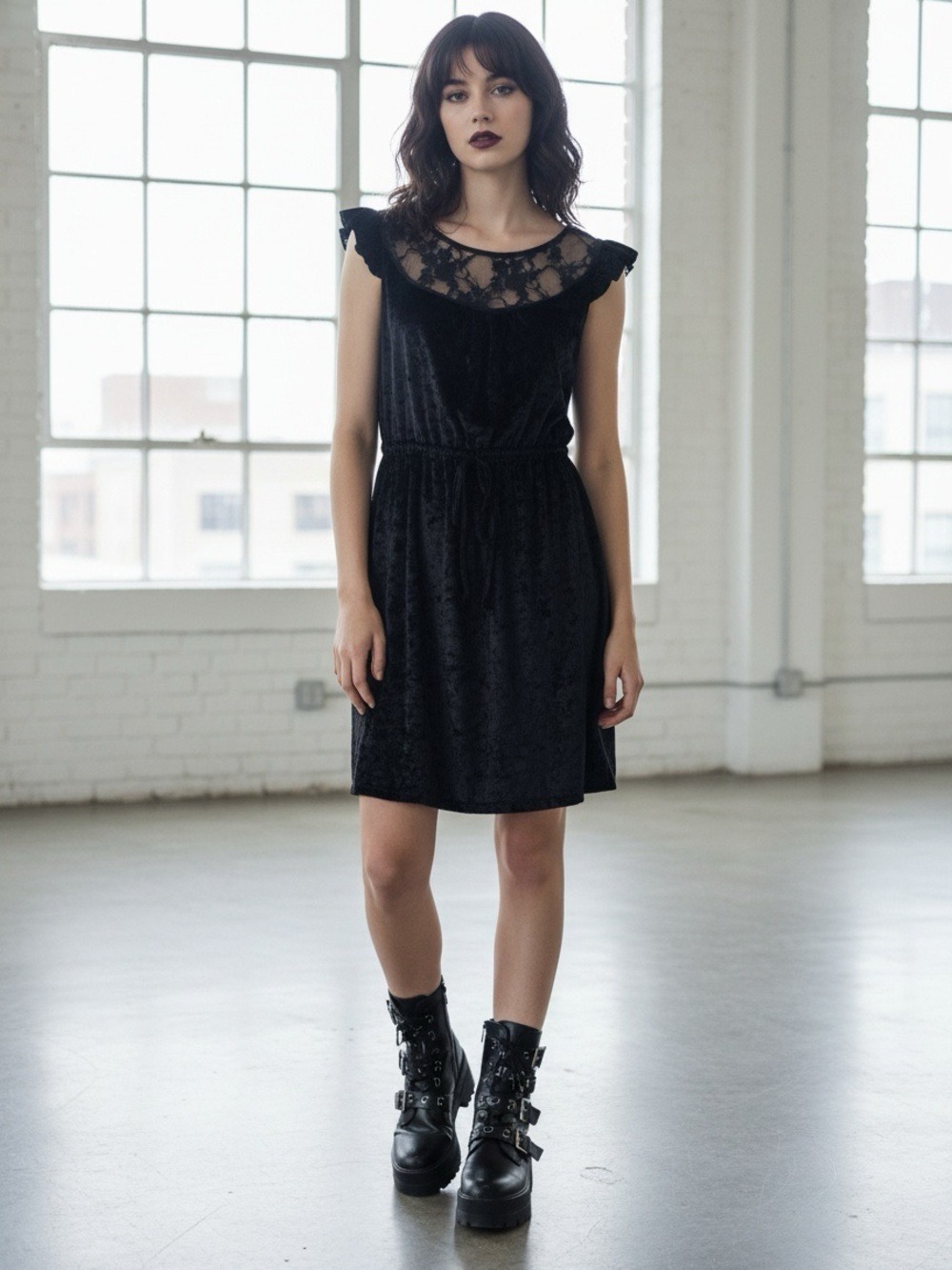 BeBop Black Velvet Lace Dress L NWT Romantic Goth Whimsigoth Mock Tie Mini Flat